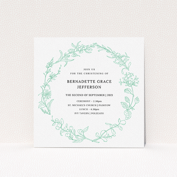 A baptism invitation design titled "Botanicals". It is a square (148mm x 148mm) invite card in a square orientation. "Botanicals" is available as a flat invite card, with tones of green and white.