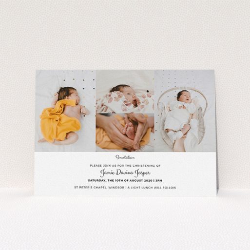 Baptism Invitation Design - "Cheek by Jowl" A baptism invitation called "Cheek by Jowl". It is an A5 invite card in a landscape orientation. It is a photographic baptism invitation with room for 4 photos. "Cheek by Jowl" is available as a flat invite card, with mainly white colouring.