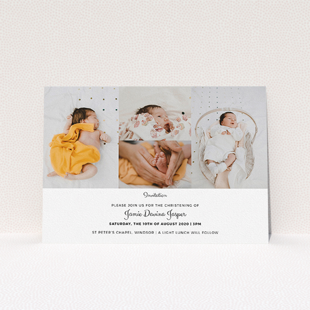 A baptism invitation called "Cheek by Jowl". It is an A5 invite card in a landscape orientation. It is a photographic baptism invitation with room for 4 photos. "Cheek by Jowl" is available as a flat invite card, with mainly white colouring.