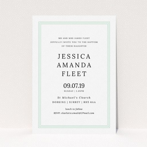 Baptism Invitation Design - "Classic Border" A baptism invitation called "Classic Border". It is an A5 invite card in a portrait orientation. "Classic Border" is available as a flat invite card, with tones of blue and white.