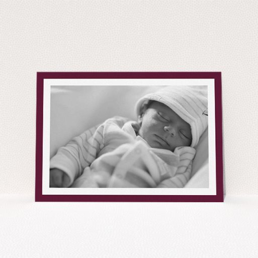 Baptism Invitation Design - "Classic Burgundy Photo Frame" A baptism invitation named "Classic Burgundy Photo Frame". It is an A5 invite card in a landscape orientation. It is a photographic baptism invitation with room for 1 photo. "Classic Burgundy Photo Frame" is available as a flat invite card, with tones of burgundy and white.