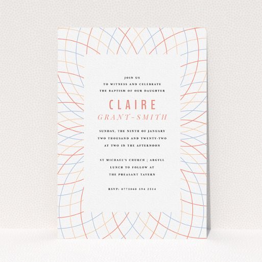 Baptism Invitation Design - "Concentric Circles" A baptism invitation called "Concentric Circles". It is an A5 invite card in a portrait orientation. "Concentric Circles" is available as a flat invite card, with tones of white, red and blue.