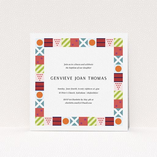 Baptism Invitation Design - "Epsom Squares" A baptism invitation design titled "Epsom Squares". It is a square (148mm x 148mm) invite card in a square orientation. "Epsom Squares" is available as a flat invite card, with mainly red colouring.