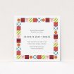 A baptism invitation design titled "Epsom Squares". It is a square (148mm x 148mm) invite card in a square orientation. "Epsom Squares" is available as a flat invite card, with mainly red colouring.