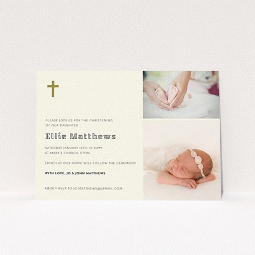 Baptism Invitation Design - "Gold Cross" A baptism invitation design named "Gold Cross". It is an A6 invite card in a landscape orientation. It is a photographic baptism invitation with room for 2 photos. "Gold Cross" is available as a flat invite card, with tones of cream and gold.