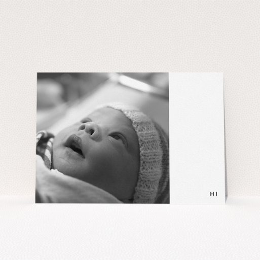 Baptism Invitation Design - "Hi" A baptism invitation named "Hi". It is an A5 invite card in a landscape orientation. It is a photographic baptism invitation with room for 1 photo. "Hi" is available as a flat invite card, with mainly white colouring.