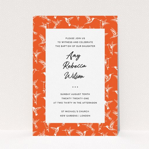 Baptism Invitation Design - "Hummingbirds" A baptism invitation design titled "Hummingbirds". It is an A5 invite card in a portrait orientation. "Hummingbirds" is available as a flat invite card, with tones of red and white.