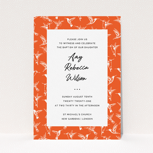 A baptism invitation design titled "Hummingbirds". It is an A5 invite card in a portrait orientation. "Hummingbirds" is available as a flat invite card, with tones of red and white.