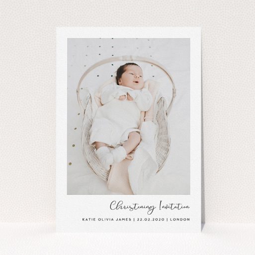 Baptism Invitation Design - "Justify Right Script" A baptism invitation named "Justify Right Script". It is an A5 invite card in a portrait orientation. It is a photographic baptism invitation with room for 1 photo. "Justify Right Script" is available as a flat invite card, with mainly white colouring.