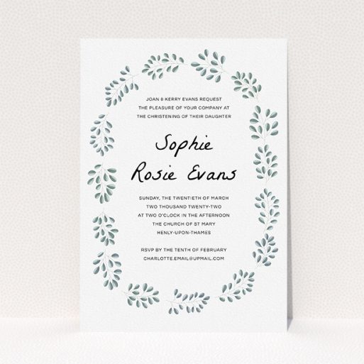 Baptism Invitation Design - "Leaf Wreath" A baptism invitation named "Leaf Wreath". It is an A5 invite card in a portrait orientation. "Leaf Wreath" is available as a flat invite card, with tones of green and white.