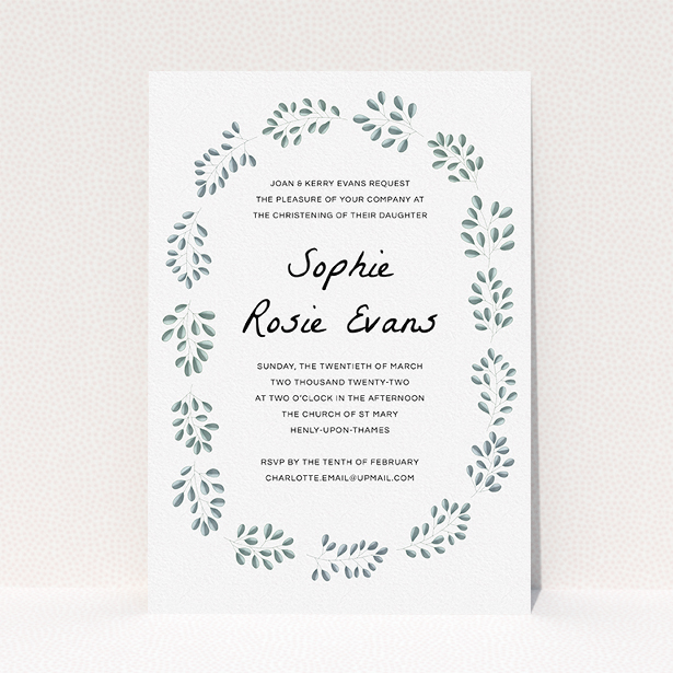 A baptism invitation named "Leaf Wreath". It is an A5 invite card in a portrait orientation. "Leaf Wreath" is available as a flat invite card, with tones of green and white.