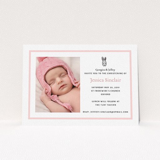 Baptism Invitation Design - "Little Bunny" A baptism invitation called "Little Bunny". It is an A6 invite card in a landscape orientation. It is a photographic baptism invitation with room for 1 photo. "Little Bunny" is available as a flat invite card, with tones of pink and white.