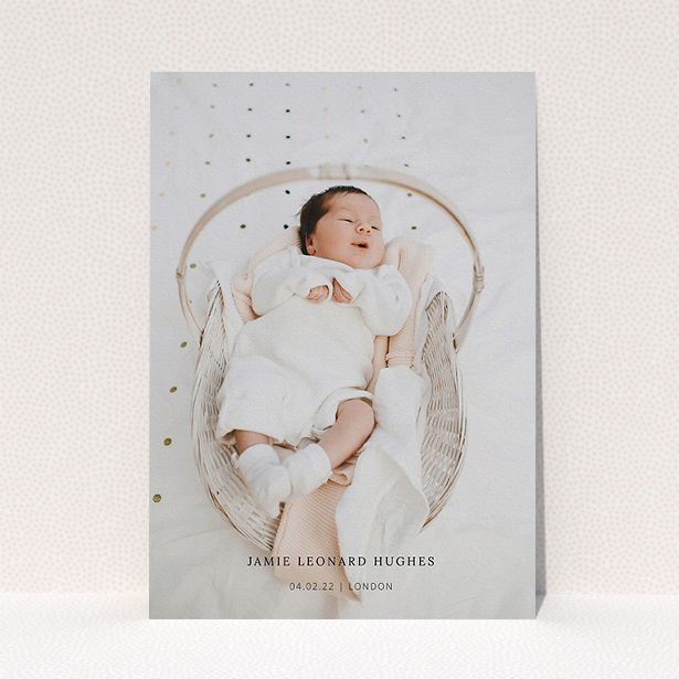 A baptism invitation design named "Maddox Street". It is an A5 invite card in a portrait orientation. It is a photographic baptism invitation with room for 1 photo. "Maddox Street" is available as a flat invite card.