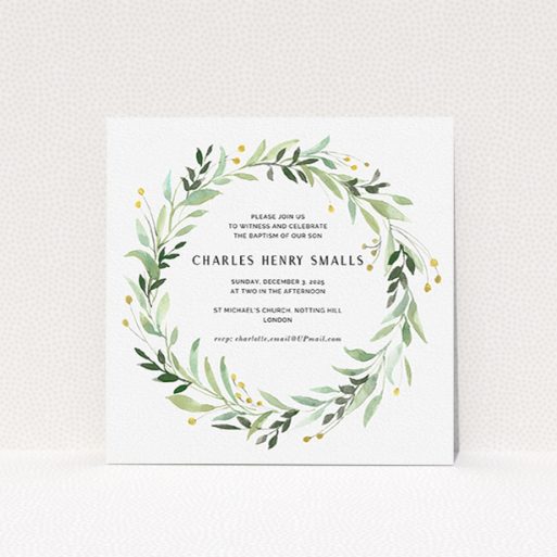 Baptism Invitation Design - "Marine Wreath" A baptism invitation template titled "Marine Wreath". It is a square (148mm x 148mm) invite card in a square orientation. "Marine Wreath" is available as a flat invite card, with tones of ice blue, light green and yellow.