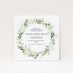 A baptism invitation template titled "Marine Wreath". It is a square (148mm x 148mm) invite card in a square orientation. "Marine Wreath" is available as a flat invite card, with tones of ice blue, light green and yellow.