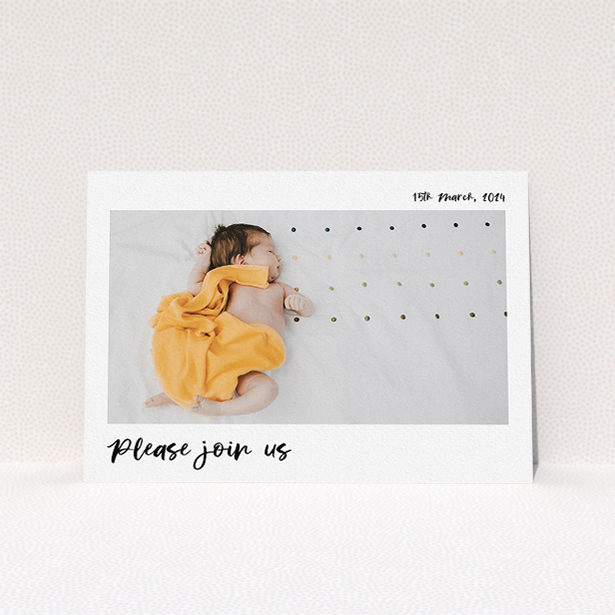 A baptism invitation design titled "Marker Invite". It is an A5 invite card in a landscape orientation. It is a photographic baptism invitation with room for 1 photo. "Marker Invite" is available as a flat invite card, with mainly white colouring.