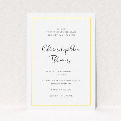 Baptism Invitation Design - "Modern Classic" A baptism invitation template titled "Modern Classic". It is an A5 invite card in a portrait orientation. "Modern Classic" is available as a flat invite card, with tones of white and yellow.
