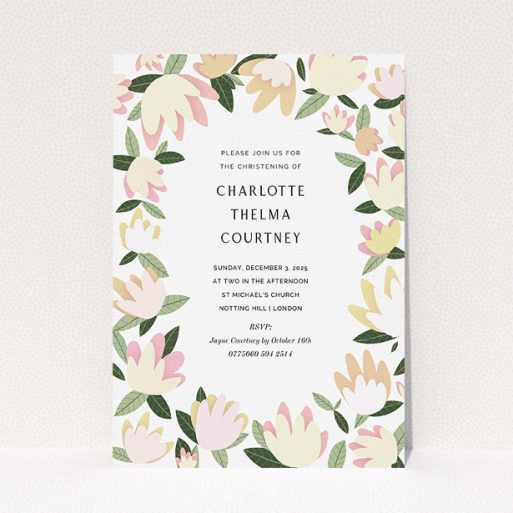 Baptism Invitation Design - "Modern Florals" A baptism invitation template titled "Modern Florals". It is an A5 invite card in a portrait orientation. "Modern Florals" is available as a flat invite card, with tones of cream, yellow and light green.