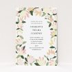 A baptism invitation template titled "Modern Florals". It is an A5 invite card in a portrait orientation. "Modern Florals" is available as a flat invite card, with tones of cream, yellow and light green.