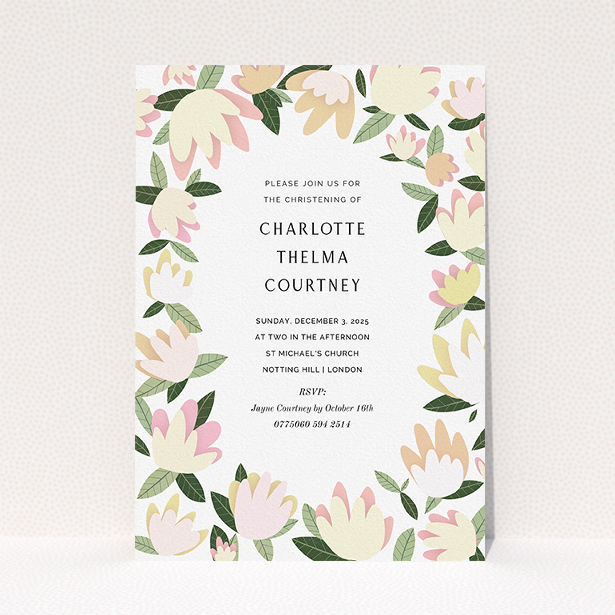 A baptism invitation template titled "Modern Florals". It is an A5 invite card in a portrait orientation. "Modern Florals" is available as a flat invite card, with tones of cream, yellow and light green.