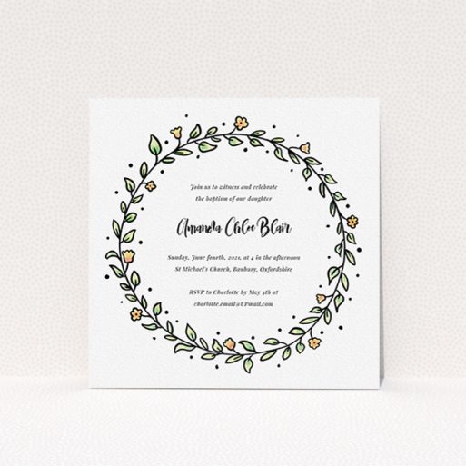Baptism Invitation Design - "Modern Watercolours" A baptism invitation design called "Modern Watercolours". It is a square (148mm x 148mm) invite card in a square orientation. "Modern Watercolours" is available as a flat invite card, with tones of light green and orange.