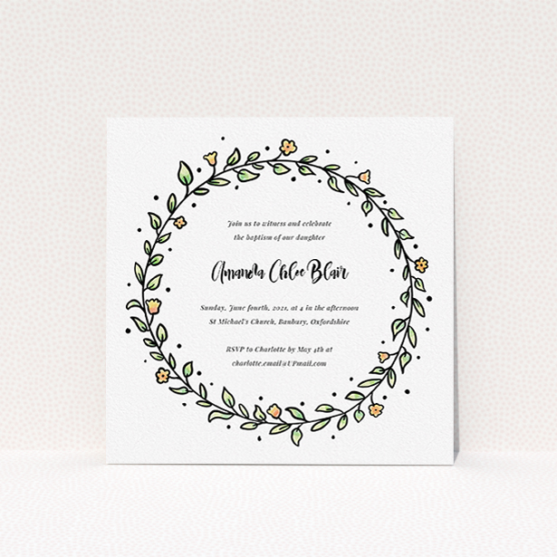 A baptism invitation design called "Modern Watercolours". It is a square (148mm x 148mm) invite card in a square orientation. "Modern Watercolours" is available as a flat invite card, with tones of light green and orange.