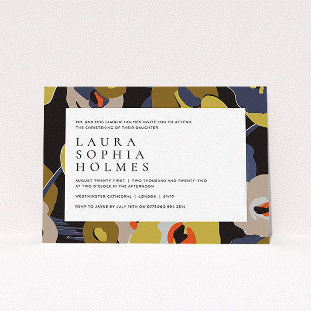 A baptism invitation design titled "Night-time Botanica". It is an A5 invite card in a landscape orientation. "Night-time Botanica" is available as a flat invite card, with tones of black, dark gold and orange.