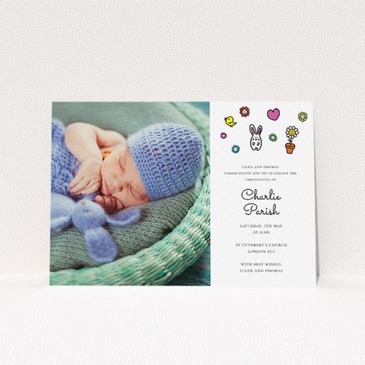 Baptism Invitation Design - "Nursery Abstract" A baptism invitation called "Nursery Abstract". It is an A5 invite card in a landscape orientation. It is a photographic baptism invitation with room for 1 photo. "Nursery Abstract" is available as a flat invite card, with mainly white colouring.