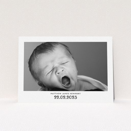 Baptism Invitation Design - "Ornate Date" A baptism invitation called "Ornate Date". It is an A5 invite card in a landscape orientation. It is a photographic baptism invitation with room for 1 photo. "Ornate Date" is available as a flat invite card, with mainly white colouring.