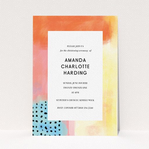 Baptism Invitation Design - "Pastel Abstract" A baptism invitation called "Pastel Abstract". It is an A6 invite card in a portrait orientation. "Pastel Abstract" is available as a flat invite card, with tones of orange, red and yellow.