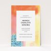 A baptism invitation called "Pastel Abstract". It is an A6 invite card in a portrait orientation. "Pastel Abstract" is available as a flat invite card, with tones of orange, red and yellow.
