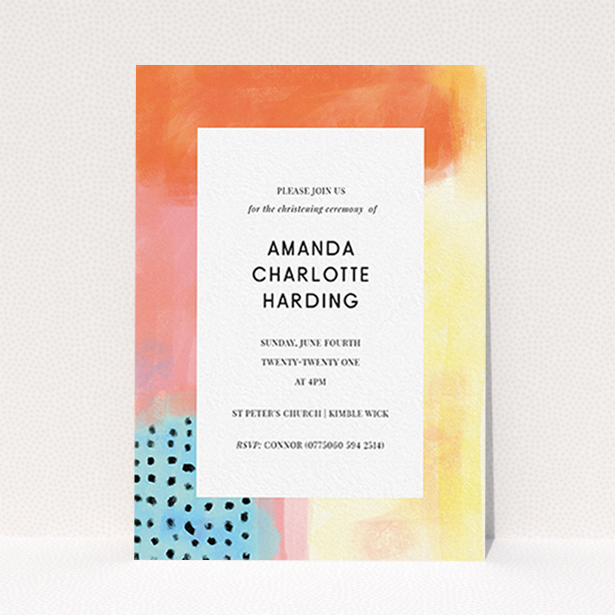 A baptism invitation called "Pastel Abstract". It is an A6 invite card in a portrait orientation. "Pastel Abstract" is available as a flat invite card, with tones of orange, red and yellow.