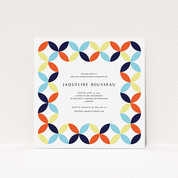 A baptism invitation called "Pastel Circus". It is a square (148mm x 148mm) invite card in a square orientation. "Pastel Circus" is available as a flat invite card, with mainly light blue colouring.