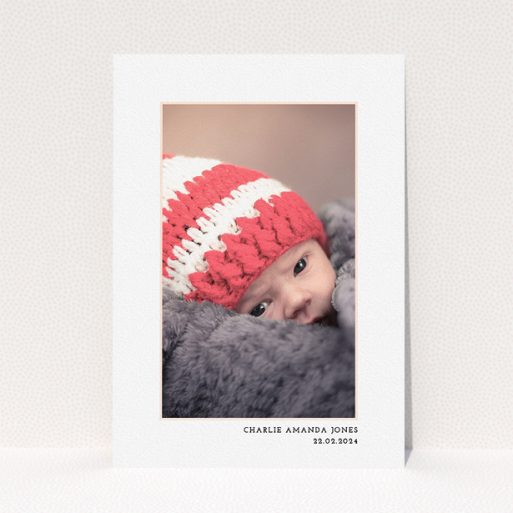 Baptism Invitation Design - "Photo Centre" A baptism invitation called "Photo Centre". It is an A5 invite card in a portrait orientation. It is a photographic baptism invitation with room for 1 photo. "Photo Centre" is available as a flat invite card, with mainly white colouring.