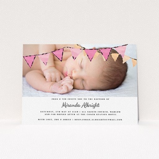 Baptism Invitation Design - "Pink Bunting" A baptism invitation template titled "Pink Bunting". It is an A6 invite card in a landscape orientation. It is a photographic baptism invitation with room for 1 photo. "Pink Bunting" is available as a flat invite card, with tones of pink and white.