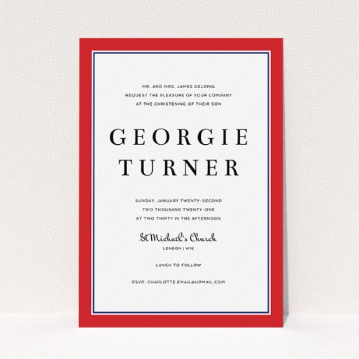 Baptism Invitation Design - "Prep Pep" A baptism invitation design titled "Prep Pep". It is an A5 invite card in a portrait orientation. "Prep Pep" is available as a flat invite card, with tones of red and blue.