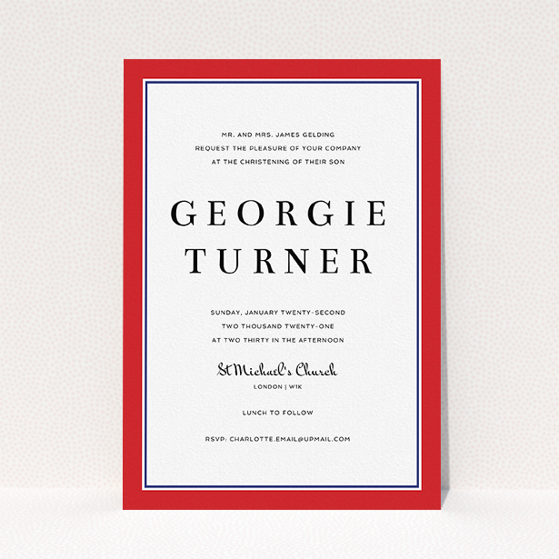 A baptism invitation design titled "Prep Pep". It is an A5 invite card in a portrait orientation. "Prep Pep" is available as a flat invite card, with tones of red and blue.