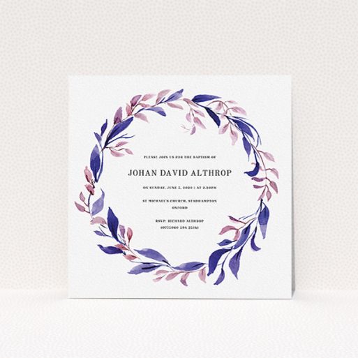 Baptism Invitation Design - "Purple Wreath" A baptism invitation design titled "Purple Wreath". It is a square (148mm x 148mm) invite card in a square orientation. "Purple Wreath" is available as a flat invite card, with mainly purple/dark pink colouring.