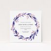 A baptism invitation design titled "Purple Wreath". It is a square (148mm x 148mm) invite card in a square orientation. "Purple Wreath" is available as a flat invite card, with mainly purple/dark pink colouring.