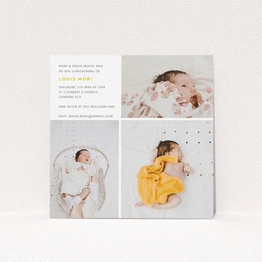 Baptism Invitation Design - "Quarters" A baptism invitation design titled "Quarters". It is a square (148mm x 148mm) invite card in a square orientation. It is a photographic baptism invitation with room for 3 photos. "Quarters" is available as a flat invite card, with tones of white and yellow.