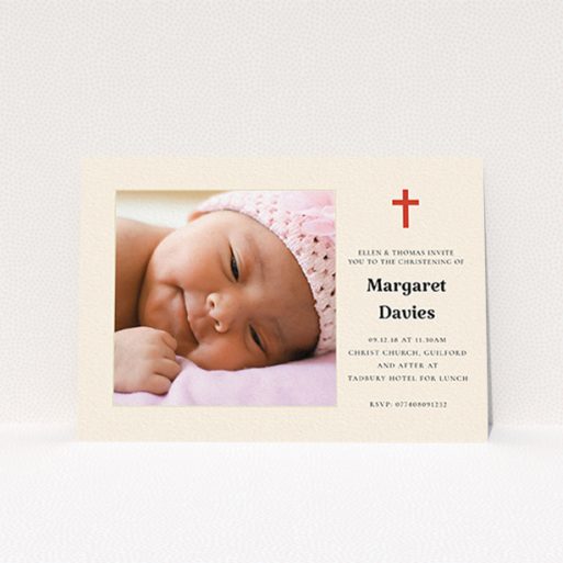 Baptism Invitation Design - "Red and Cream" A baptism invitation design titled "Red and Cream". It is an A6 invite card in a landscape orientation. It is a photographic baptism invitation with room for 1 photo. "Red and Cream" is available as a flat invite card, with tones of red and cream.