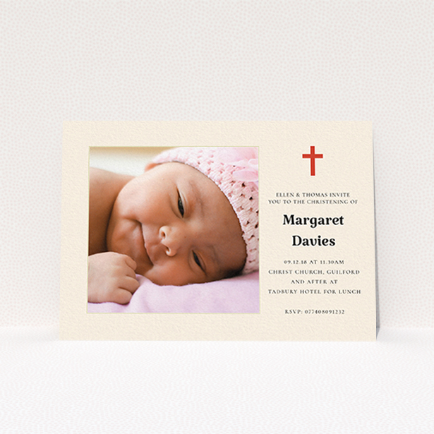 A baptism invitation design titled "Red and Cream". It is an A6 invite card in a landscape orientation. It is a photographic baptism invitation with room for 1 photo. "Red and Cream" is available as a flat invite card, with tones of red and cream.
