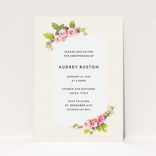 Baptism Invitation Design - "Rose Corners" A baptism invitation design titled "Rose Corners". It is an A5 invite card in a portrait orientation. "Rose Corners" is available as a flat invite card, with tones of light pink and green.