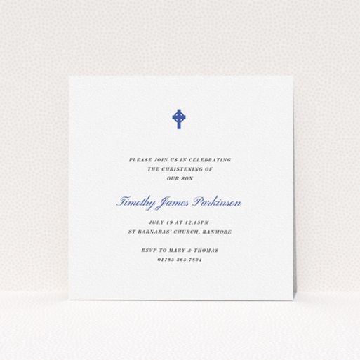 Baptism Invitation Design - "Royal Blue Cross" A baptism invitation template titled "Royal Blue Cross". It is a square (148mm x 148mm) invite card in a square orientation. "Royal Blue Cross" is available as a flat invite card, with tones of white and blue.