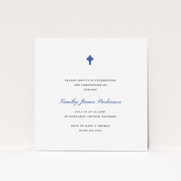 A baptism invitation template titled "Royal Blue Cross". It is a square (148mm x 148mm) invite card in a square orientation. "Royal Blue Cross" is available as a flat invite card, with tones of white and blue.