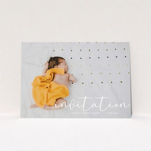 Baptism Invitation Design - "Salamanca" A baptism invitation called "Salamanca". It is an A5 invite card in a landscape orientation. It is a photographic baptism invitation with room for 1 photo. "Salamanca" is available as a flat invite card, with mainly white colouring.