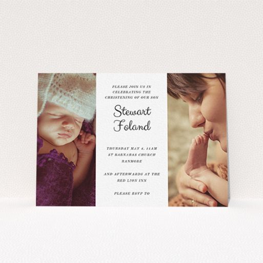 Baptism Invitation Design - "Sandwich Frame" A baptism invitation design called "Sandwich Frame". It is an A6 invite card in a landscape orientation. It is a photographic baptism invitation with room for 2 photos. "Sandwich Frame" is available as a flat invite card, with mainly white colouring.