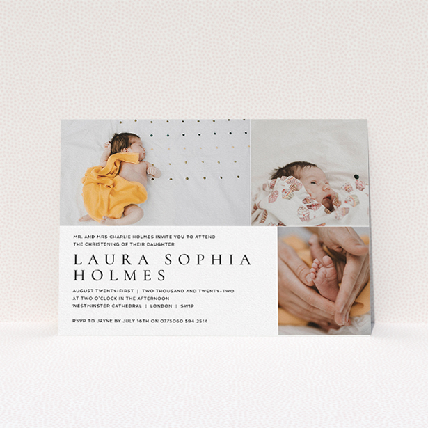 A baptism invitation design called "Serif". It is an A5 invite card in a landscape orientation. It is a photographic baptism invitation with room for 3 photos. "Serif" is available as a flat invite card, with mainly white colouring.