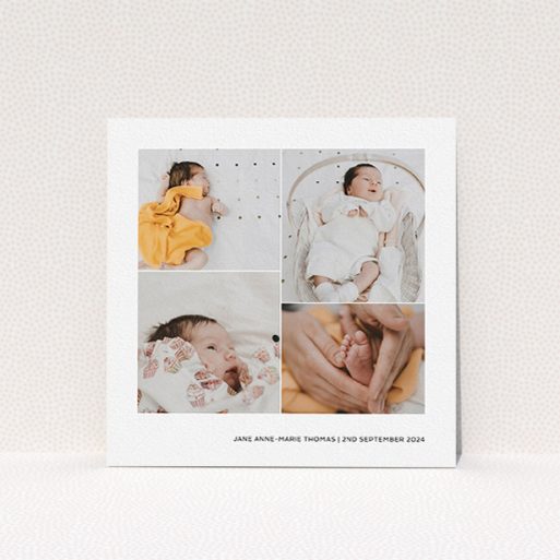 Baptism Invitation Design - "Stacked Photos" A baptism invitation design called "Stacked Photos". It is a square (148mm x 148mm) invite card in a square orientation. It is a photographic baptism invitation with room for 4 photos. "Stacked Photos" is available as a flat invite card, with mainly white colouring.