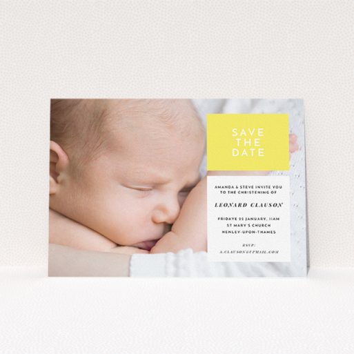 Baptism Invitation Design - "Two Frames" A baptism invitation template titled "Two Frames". It is an A5 invite card in a landscape orientation. It is a photographic baptism invitation with room for 1 photo. "Two Frames" is available as a flat invite card, with tones of yellow and white.